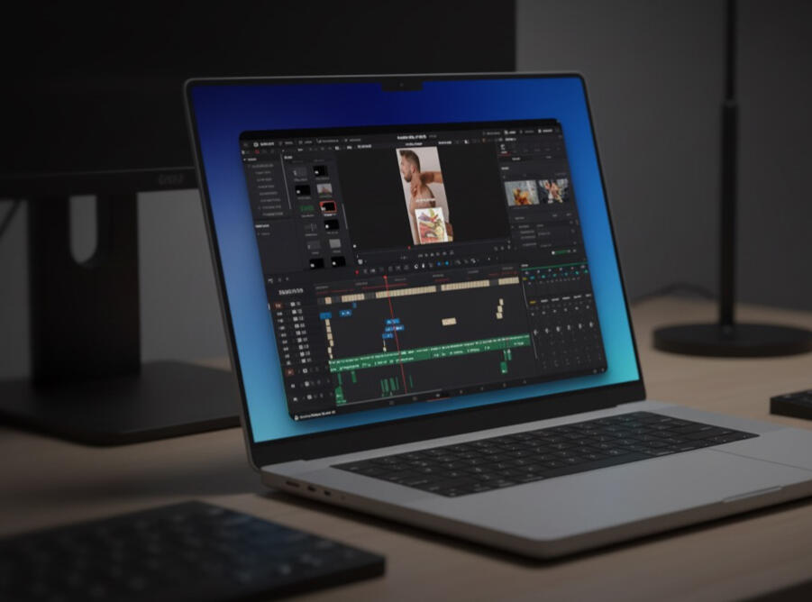 Ein aufgeklappter Laptop zeigt eine Videobearbeitungssoftware mit einem Schnittprojekt. Auf dem Bildschirm ist eine Timeline mit Audiospuren und Videoclips sowie ein Vorschaufenster mit einem vertikalen Video zu sehen.“